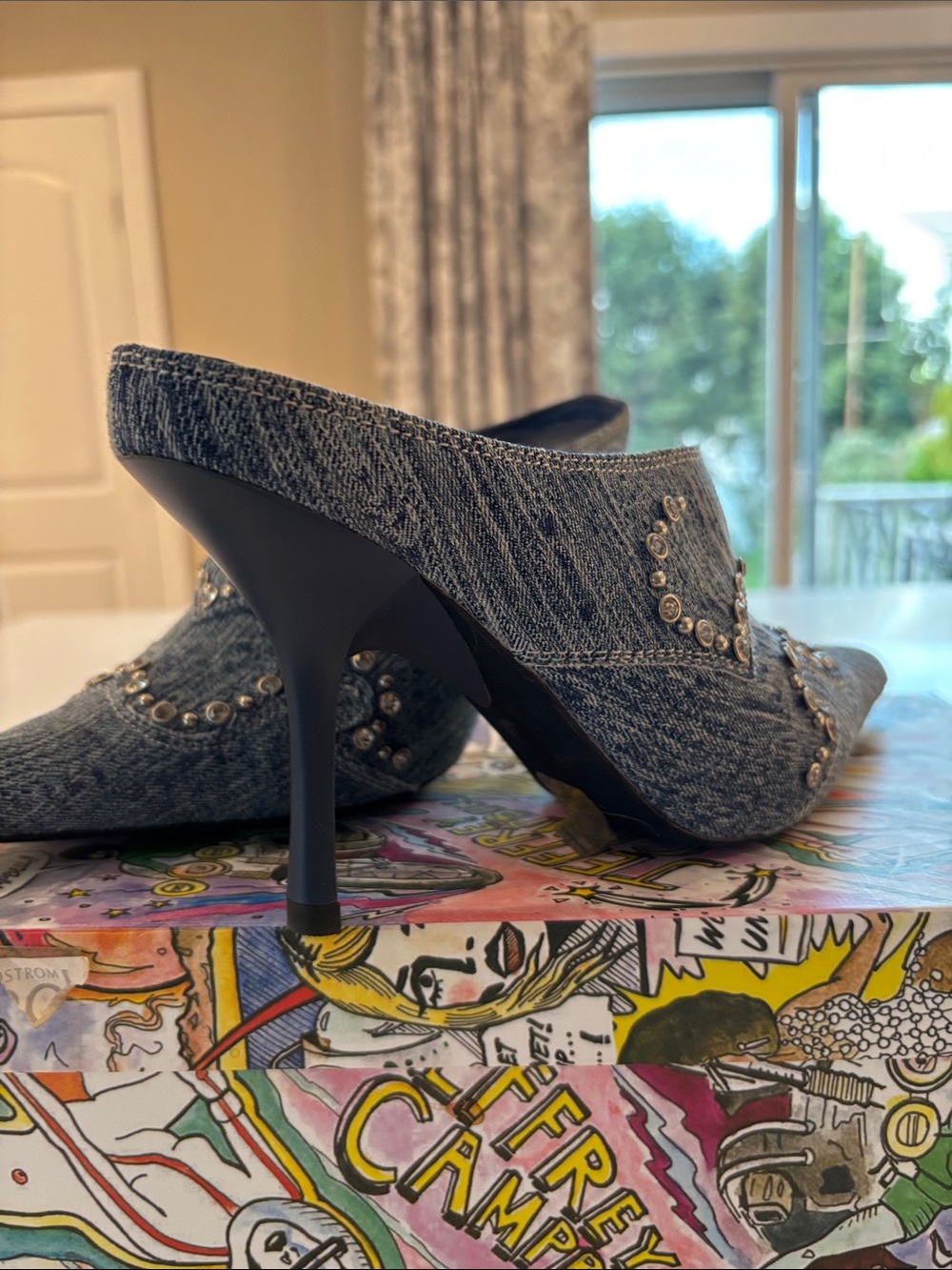 Jeffrey Campbell Grey Denim Studded Pointed-Toe Mules - Picture 4 of 9